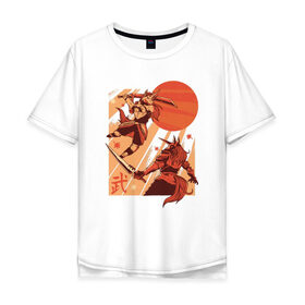 Мужская футболка хлопок Oversize с принтом Битва Единорогов в Новосибирске, 100% хлопок | свободный крой, круглый ворот, “спинка” длиннее передней части | unicorn | единорог | ниндзя | самураи | самурай | япония