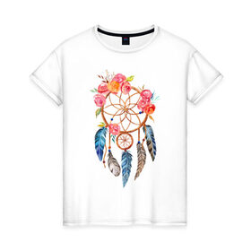 Женская футболка хлопок с принтом Ловец снов в Новосибирске, 100% хлопок | прямой крой, круглый вырез горловины, длина до линии бедер, слегка спущенное плечо | ловец снов | магия | перья | цветы