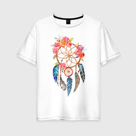 Женская футболка хлопок Oversize с принтом Ловец снов в Новосибирске, 100% хлопок | свободный крой, круглый ворот, спущенный рукав, длина до линии бедер
 | ловец снов | магия | перья | цветы