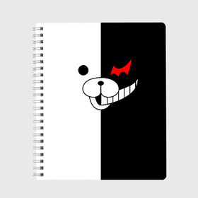 Тетрадь с принтом MONOKUMA (КАПЮШОН) | МОНОКУМА в Новосибирске, 100% бумага | 48 листов, плотность листов — 60 г/м2, плотность картонной обложки — 250 г/м2. Листы скреплены сбоку удобной пружинной спиралью. Уголки страниц и обложки скругленные. Цвет линий — светло-серый
 | Тематика изображения на принте: anime | bear | black  white | danganronpa | kurokuma | monodam | monokuma | monomi | monotaro | pink | rabbit | school | shirokuma | аниме | главарь | мoноми | монокума | черно белый | школа