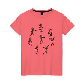 Женская футболка хлопок с принтом Кокопелли в Новосибирске, 100% хлопок | прямой крой, круглый вырез горловины, длина до линии бедер, слегка спущенное плечо | божество | дудочка | индейцы | кокопелли | танец | человечек | человечки