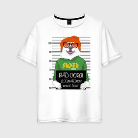 Женская футболка хлопок Oversize с принтом Плохой Корги в Новосибирске, 100% хлопок | свободный крой, круглый ворот, спущенный рукав, длина до линии бедер
 | corgi | банда | бандит | гангстер | заключенный | корги | собака | собаки