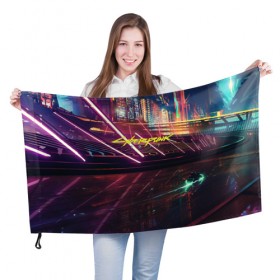Флаг 3D с принтом CYBERPUNK 2077 в Новосибирске, 100% полиэстер | плотность ткани — 95 г/м2, размер — 67 х 109 см. Принт наносится с одной стороны | 