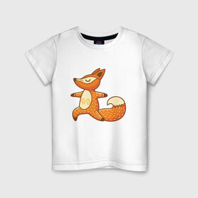 Детская футболка хлопок с принтом Лисенок занимается йогой в Новосибирске, 100% хлопок | круглый вырез горловины, полуприлегающий силуэт, длина до линии бедер | Тематика изображения на принте: fox | гимнастика | йога | лис | лиса | лисенок | рыжая | упражнения