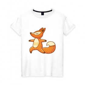 Женская футболка хлопок с принтом Лисенок занимается йогой в Новосибирске, 100% хлопок | прямой крой, круглый вырез горловины, длина до линии бедер, слегка спущенное плечо | Тематика изображения на принте: fox | гимнастика | йога | лис | лиса | лисенок | рыжая | упражнения
