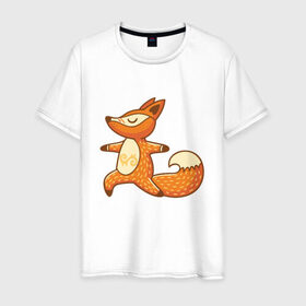 Мужская футболка хлопок с принтом Лисенок занимается йогой в Новосибирске, 100% хлопок | прямой крой, круглый вырез горловины, длина до линии бедер, слегка спущенное плечо. | fox | гимнастика | йога | лис | лиса | лисенок | рыжая | упражнения