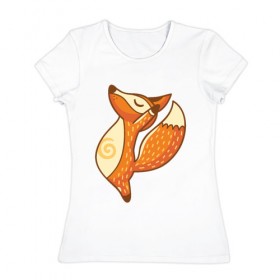 Женская футболка хлопок с принтом Лисенок занимается йогой в Новосибирске, 100% хлопок | прямой крой, круглый вырез горловины, длина до линии бедер, слегка спущенное плечо | Тематика изображения на принте: fox | гимнастика | йога | лис | лиса | лисенок | рыжая | упражнения