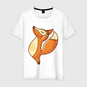 Мужская футболка хлопок с принтом Лисенок занимается йогой в Новосибирске, 100% хлопок | прямой крой, круглый вырез горловины, длина до линии бедер, слегка спущенное плечо. | Тематика изображения на принте: fox | гимнастика | йога | лис | лиса | лисенок | рыжая | упражнения