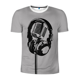 Мужская футболка 3D спортивная с принтом Микрофон в Новосибирске, 100% полиэстер с улучшенными характеристиками | приталенный силуэт, круглая горловина, широкие плечи, сужается к линии бедра | black | gray | headphones | microphone | music | music lover | sound | звук | меломан | микрофон | музыка | наушники | серый | черный