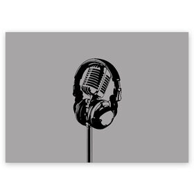 Поздравительная открытка с принтом Микрофон в Новосибирске, 100% бумага | плотность бумаги 280 г/м2, матовая, на обратной стороне линовка и место для марки
 | Тематика изображения на принте: black | gray | headphones | microphone | music | music lover | sound | звук | меломан | микрофон | музыка | наушники | серый | черный