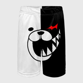 Детские спортивные шорты 3D с принтом MONOKUMA в Новосибирске,  100% полиэстер
 | пояс оформлен широкой мягкой резинкой, ткань тянется
 | Тематика изображения на принте: anime | bear | black  white | danganronpa | kurokuma | monodam | monokuma | monomi | monotaro | pink | rabbit | school | shirokuma | аниме | главарь | мoноми | монокума | черно белый | школа