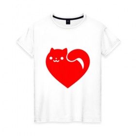 Женская футболка хлопок с принтом Love Cat в Новосибирске, 100% хлопок | прямой крой, круглый вырез горловины, длина до линии бедер, слегка спущенное плечо | animal | cat | cute | heart | kitty | meow | друг | животные | киска | китти | кот | котенок | котик | кошечка | кошка | лев | леопард | любовь | милый | мур | мышь | мяу | пантера | питомец | рысь | сердце | тигр | улыбка
