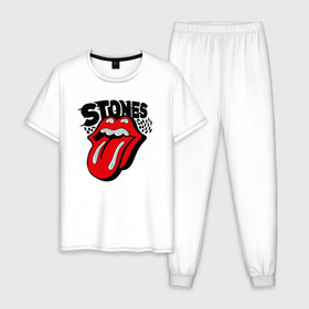 Мужская пижама хлопок с принтом the rolling stones в Новосибирске, 100% хлопок | брюки и футболка прямого кроя, без карманов, на брюках мягкая резинка на поясе и по низу штанин
 | roll stone | rolling stone скачать | rolling stones | rolling stones лучшее | the rolling stones | купить футболку rolling stones | рок | рок н ролл | футболка rolling stones