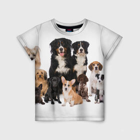 Детская футболка 3D с принтом Породистые собаки в Новосибирске, 100% гипоаллергенный полиэфир | прямой крой, круглый вырез горловины, длина до линии бедер, чуть спущенное плечо, ткань немного тянется | Тематика изображения на принте: animal | bernese | breed | bulldog | corgi | cute | dog | french | funny | jack | labrador | mountain dog | muzzle | paws | pug | puppy | spaniel | бернский | бульдог | джек рассел | животное | забавный | зенненхунд | корги | лабрадор | лапы | милый