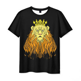Мужская футболка 3D с принтом Лев в Новосибирске, 100% полиэфир | прямой крой, круглый вырез горловины, длина до линии бедер | Тематика изображения на принте: animal | beast | crown | king | lion | mane | muzzle | orange | view | yellow | взгляд | грива | желтый | животное | зверь | корона | лев | оранжевый | царь