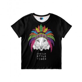 Детская футболка 3D с принтом Indian style tiger в Новосибирске, 100% гипоаллергенный полиэфир | прямой крой, круглый вырез горловины, длина до линии бедер, чуть спущенное плечо, ткань немного тянется | animal | ethnic | feathers | multicolored | muzzle | predator | tiger | животное | перья | разноцветный | тигр | этнический