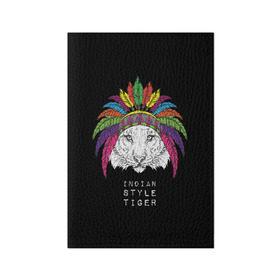 Обложка для паспорта матовая кожа с принтом Indian style tiger в Новосибирске, натуральная матовая кожа | размер 19,3 х 13,7 см; прозрачные пластиковые крепления | Тематика изображения на принте: animal | ethnic | feathers | multicolored | muzzle | predator | tiger | животное | перья | разноцветный | тигр | этнический