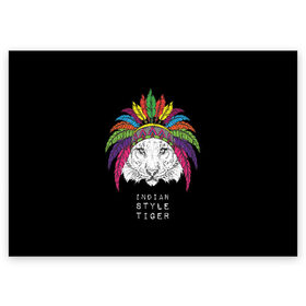 Поздравительная открытка с принтом Indian style tiger в Новосибирске, 100% бумага | плотность бумаги 280 г/м2, матовая, на обратной стороне линовка и место для марки
 | animal | ethnic | feathers | multicolored | muzzle | predator | tiger | животное | перья | разноцветный | тигр | этнический