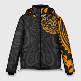 Мужская зимняя куртка 3D с принтом Polynesian tattoo в Новосибирске, верх — 100% полиэстер; подкладка — 100% полиэстер; утеплитель — 100% полиэстер | длина ниже бедра, свободный силуэт Оверсайз. Есть воротник-стойка, отстегивающийся капюшон и ветрозащитная планка. 

Боковые карманы с листочкой на кнопках и внутренний карман на молнии. | polynesian | tattoo | волна | геометрия | завитушка | маори | маска | орнамент. золото | полинезия | татуировка | татуха | трайбл | узор | черепаха | ящерица. солнце