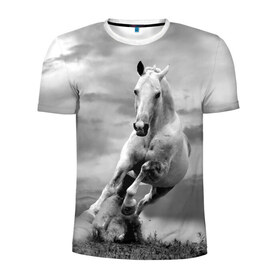 Мужская футболка 3D спортивная с принтом Белая лошадь в Новосибирске, 100% полиэстер с улучшенными характеристиками | приталенный силуэт, круглая горловина, широкие плечи, сужается к линии бедра | animal | beautiful | gloss | horse | mane | mustang | muzzle | nature | white | wild | белый | грива | дикий | животное | конь | красивый | лоск | лошадь | мустанг | природа | скакун