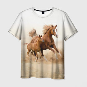 Мужская футболка 3D с принтом Лошадь с жеребенком в Новосибирске, 100% полиэфир | прямой крой, круглый вырез горловины, длина до линии бедер | animal | baby | beautiful | brown | desert | foal | horse | mustang | nature | wild | дикий | жеребенок | животное | конь | коричневый | красивый | лошадь | малыш | мустанг | природа | пустыня | скакун