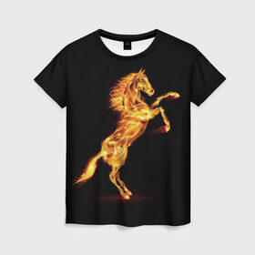 Женская футболка 3D с принтом Огненная лошадь в Новосибирске, 100% полиэфир ( синтетическое хлопкоподобное полотно) | прямой крой, круглый вырез горловины, длина до линии бедер | animal | beautiful | black | fiery | fire | hooves | horse | mane | wild | грива | дикий | животное | конь | копыта | красивый | лошадь | огненный | огонь | скакун | черный