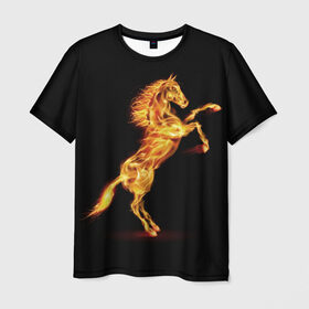 Мужская футболка 3D с принтом Огненная лошадь в Новосибирске, 100% полиэфир | прямой крой, круглый вырез горловины, длина до линии бедер | Тематика изображения на принте: animal | beautiful | black | fiery | fire | hooves | horse | mane | wild | грива | дикий | животное | конь | копыта | красивый | лошадь | огненный | огонь | скакун | черный