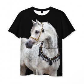 Мужская футболка 3D с принтом Серый в яблоках конь в Новосибирске, 100% полиэфир | прямой крой, круглый вырез горловины, длина до линии бедер | animal | beautiful | black | eyes | gloss | gray | harness | horse | in apples | look | muzzle | spotted | white | белый | в яблоках | взгляд | глаза | животное | конь | красивый | лоск | лошадь | пятнистый | сбруя | серый | скакун | черный