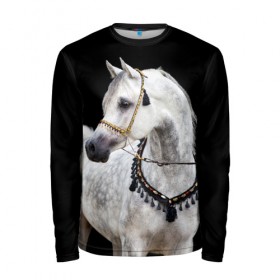 Мужской лонгслив 3D с принтом Серый в яблоках конь в Новосибирске, 100% полиэстер | длинные рукава, круглый вырез горловины, полуприлегающий силуэт | Тематика изображения на принте: animal | beautiful | black | eyes | gloss | gray | harness | horse | in apples | look | muzzle | spotted | white | белый | в яблоках | взгляд | глаза | животное | конь | красивый | лоск | лошадь | пятнистый | сбруя | серый | скакун | черный