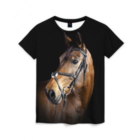 Женская футболка 3D с принтом Гнедая лошадь в Новосибирске, 100% полиэфир ( синтетическое хлопкоподобное полотно) | прямой крой, круглый вырез горловины, длина до линии бедер | animal | beautiful | black | brown | eyes | gloss | harness | horse | look | muzzle | взгляд | глаза | гнедая | гнедой | животное | конь | коричневый | красивый | лоск | лошадь | сбруя | скакун | черный