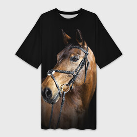Платье-футболка 3D с принтом Гнедая лошадь в Новосибирске,  |  | animal | beautiful | black | brown | eyes | gloss | harness | horse | look | muzzle | взгляд | глаза | гнедая | гнедой | животное | конь | коричневый | красивый | лоск | лошадь | сбруя | скакун | черный