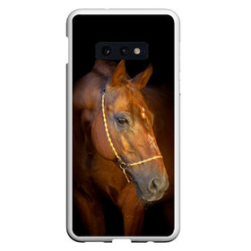 Чехол для Samsung S10E с принтом Гнедая лошадь в Новосибирске, Силикон | Область печати: задняя сторона чехла, без боковых панелей | Тематика изображения на принте: animal | beautiful | black | brown | eyes | gloss | harness | horse | look | muzzle | взгляд | глаза | гнедой | животное | конь | коричневый | красивый | лоск | лошадь | сбруя | скакун | черный