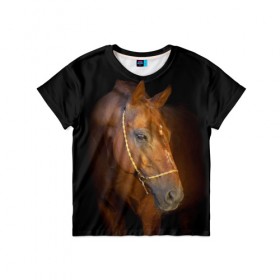 Детская футболка 3D с принтом Гнедая лошадь в Новосибирске, 100% гипоаллергенный полиэфир | прямой крой, круглый вырез горловины, длина до линии бедер, чуть спущенное плечо, ткань немного тянется | animal | beautiful | black | brown | eyes | gloss | harness | horse | look | muzzle | взгляд | глаза | гнедой | животное | конь | коричневый | красивый | лоск | лошадь | сбруя | скакун | черный