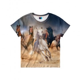 Детская футболка 3D с принтом Табун в Новосибирске, 100% гипоаллергенный полиэфир | прямой крой, круглый вырез горловины, длина до линии бедер, чуть спущенное плечо, ткань немного тянется | Тематика изображения на принте: animal | beautiful | black | brown | desert | gloss | herd | horse | mane | mustang | muzzle | nature | sand | white | wild | белый | грива | дикий | животное | конь | коричневый | красивый | лоск | лошадь | мустанг | песок | природа | пусты