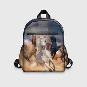 Детский рюкзак 3D с принтом Табун в Новосибирске, 100% полиэстер | лямки с регулируемой длиной, сверху петелька, чтобы рюкзак можно было повесить на вешалку. Основное отделение закрывается на молнию, как и внешний карман. Внутри дополнительный карман. По бокам два дополнительных кармашка | Тематика изображения на принте: animal | beautiful | black | brown | desert | gloss | herd | horse | mane | mustang | muzzle | nature | sand | white | wild | белый | грива | дикий | животное | конь | коричневый | красивый | лоск | лошадь | мустанг | песок | природа | пусты
