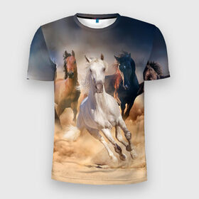 Мужская футболка 3D спортивная с принтом Табун в Новосибирске, 100% полиэстер с улучшенными характеристиками | приталенный силуэт, круглая горловина, широкие плечи, сужается к линии бедра | animal | beautiful | black | brown | desert | gloss | herd | horse | mane | mustang | muzzle | nature | sand | white | wild | белый | грива | дикий | животное | конь | коричневый | красивый | лоск | лошадь | мустанг | песок | природа | пусты
