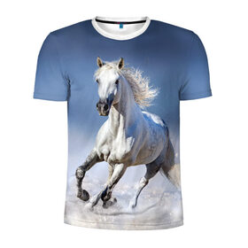 Мужская футболка 3D спортивная с принтом Белая лошадь в Новосибирске, 100% полиэстер с улучшенными характеристиками | приталенный силуэт, круглая горловина, широкие плечи, сужается к линии бедра | animal | beautiful | gloss | horse | mane | mustang | muzzle | nature | snow | white | wild | winter | белый | грива | дикий | животное | зима | конь | красивый | лоск | лошадь | мустанг | природа | скакун | снег