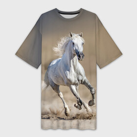 Платье-футболка 3D с принтом Белый конь в Новосибирске,  |  | animal | beautiful | desert | gloss | horse | mane | mustang | muzzle | nature | sand | white | wild | белый | грива | дикий | животное | конь | красивый | лоск | лошадь | мустанг | песок | природа | пустыня | скакун