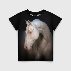 Детская футболка 3D с принтом Белая лошадь в Новосибирске, 100% гипоаллергенный полиэфир | прямой крой, круглый вырез горловины, длина до линии бедер, чуть спущенное плечо, ткань немного тянется | animal | black | breed | horse | muscle | muzzle | strength | unusual | white | белый | животное | конь | лошадь | мышцы | необычный | порода | сила | скакун
