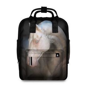 Женский рюкзак 3D с принтом Белая лошадь в Новосибирске, 100% полиэстер | лямки с регулируемой длиной, сверху ручки, чтобы рюкзак нести как сумку. Основное отделение закрывается на молнию, как и внешний карман. Внутри два дополнительных кармана, один из которых закрывается на молнию. По бокам два дополнительных кармашка, куда поместится маленькая бутылочка
 | Тематика изображения на принте: animal | black | breed | horse | muscle | muzzle | strength | unusual | white | белый | животное | конь | лошадь | мышцы | необычный | порода | сила | скакун