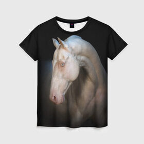 Женская футболка 3D с принтом Белая лошадь в Новосибирске, 100% полиэфир ( синтетическое хлопкоподобное полотно) | прямой крой, круглый вырез горловины, длина до линии бедер | animal | black | breed | horse | muscle | muzzle | strength | unusual | white | белый | животное | конь | лошадь | мышцы | необычный | порода | сила | скакун