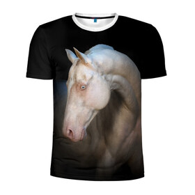 Мужская футболка 3D спортивная с принтом Белая лошадь в Новосибирске, 100% полиэстер с улучшенными характеристиками | приталенный силуэт, круглая горловина, широкие плечи, сужается к линии бедра | animal | black | breed | horse | muscle | muzzle | strength | unusual | white | белый | животное | конь | лошадь | мышцы | необычный | порода | сила | скакун