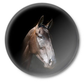 Значок с принтом Лошадь в Новосибирске,  металл | круглая форма, металлическая застежка в виде булавки | animal | beautiful | black | brown | horse | muzzle | portrait | животное | конь | коричневый | красивый | лошадь | портрет | скакун | черный