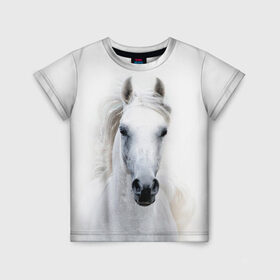 Детская футболка 3D с принтом Белая лошадь в Новосибирске, 100% гипоаллергенный полиэфир | прямой крой, круглый вырез горловины, длина до линии бедер, чуть спущенное плечо, ткань немного тянется | Тематика изображения на принте: animal | beautiful | gloss | horse | mane | mustang | muzzle | white | wild | белый | грива | дикий | животное | конь | красивый | лоск | лошадь | мустанг | скакун