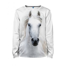 Детский лонгслив 3D с принтом Белая лошадь в Новосибирске, 100% полиэстер | длинные рукава, круглый вырез горловины, полуприлегающий силуэт
 | Тематика изображения на принте: animal | beautiful | gloss | horse | mane | mustang | muzzle | white | wild | белый | грива | дикий | животное | конь | красивый | лоск | лошадь | мустанг | скакун