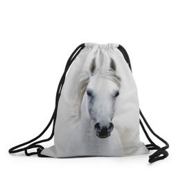 Рюкзак-мешок 3D с принтом Белая лошадь в Новосибирске, 100% полиэстер | плотность ткани — 200 г/м2, размер — 35 х 45 см; лямки — толстые шнурки, застежка на шнуровке, без карманов и подкладки | animal | beautiful | gloss | horse | mane | mustang | muzzle | white | wild | белый | грива | дикий | животное | конь | красивый | лоск | лошадь | мустанг | скакун