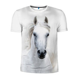 Мужская футболка 3D спортивная с принтом Белая лошадь в Новосибирске, 100% полиэстер с улучшенными характеристиками | приталенный силуэт, круглая горловина, широкие плечи, сужается к линии бедра | animal | beautiful | gloss | horse | mane | mustang | muzzle | white | wild | белый | грива | дикий | животное | конь | красивый | лоск | лошадь | мустанг | скакун