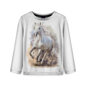 Детский лонгслив 3D с принтом Белая лошадь в Новосибирске, 100% полиэстер | длинные рукава, круглый вырез горловины, полуприлегающий силуэт
 | Тематика изображения на принте: animal | beautiful | drawing | horse | mane | muzzle | nature | white | wild | белый | грива | дикий | животное | конь | красивый | лошадь | природа | рисунок | скакун