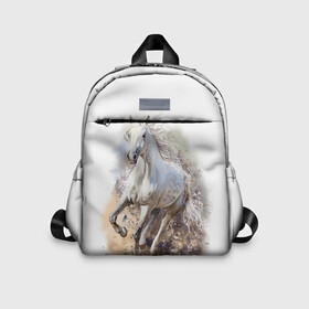 Детский рюкзак 3D с принтом Белая лошадь в Новосибирске, 100% полиэстер | лямки с регулируемой длиной, сверху петелька, чтобы рюкзак можно было повесить на вешалку. Основное отделение закрывается на молнию, как и внешний карман. Внутри дополнительный карман. По бокам два дополнительных кармашка | Тематика изображения на принте: animal | beautiful | drawing | horse | mane | muzzle | nature | white | wild | белый | грива | дикий | животное | конь | красивый | лошадь | природа | рисунок | скакун