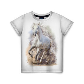 Детская футболка 3D с принтом Белая лошадь в Новосибирске, 100% гипоаллергенный полиэфир | прямой крой, круглый вырез горловины, длина до линии бедер, чуть спущенное плечо, ткань немного тянется | Тематика изображения на принте: animal | beautiful | drawing | horse | mane | muzzle | nature | white | wild | белый | грива | дикий | животное | конь | красивый | лошадь | природа | рисунок | скакун